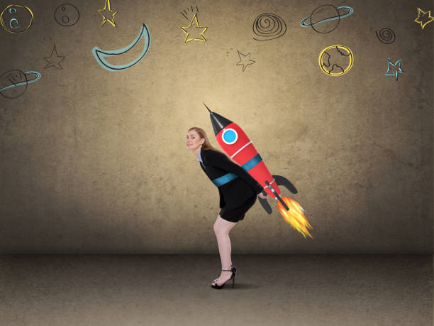 Businesswoman taking off with jet pack rocket