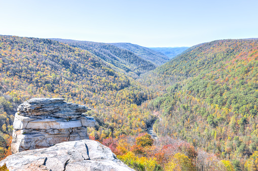 View of canaan valley mountains in Blackwater falls state park in West Virginia during colorful autumn fall season with yellow foliage on trees, rock cliff at Lindy Point