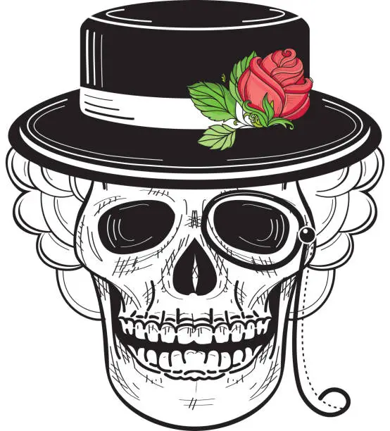 Vector illustration of vector hand drawn sketch skull in hat rose monocle