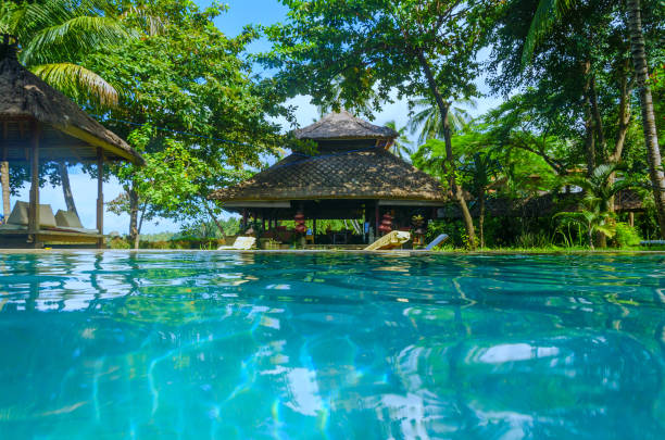 istock bungalow on pool in Bali - split view on pool water - summer paradise 884678372