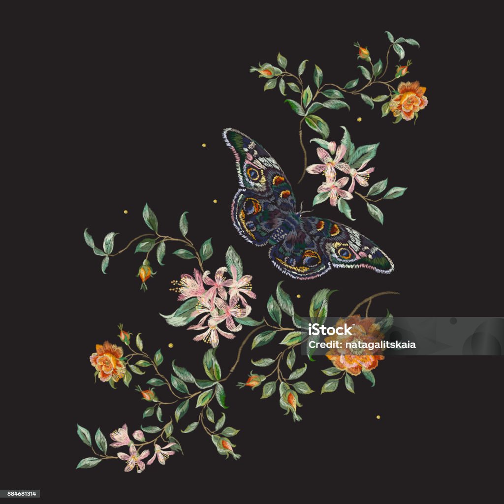 Embroidery trend floral pattern with wild roses and butterfly. Embroidery trend floral pattern with wild roses and butterfly. Vector traditional design set with flowers for wearing. Botany stock vector