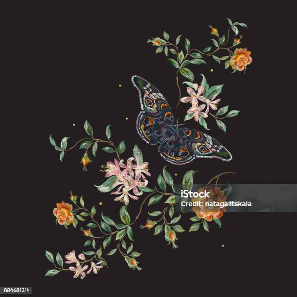Embroidery Trend Floral Pattern With Wild Roses And Butterfly Stock Illustration - Download Image Now