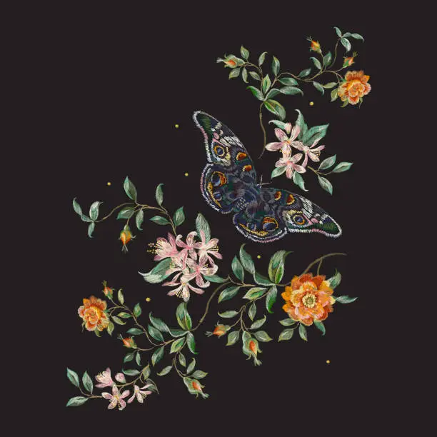 Vector illustration of Embroidery trend floral pattern with wild roses and butterfly.