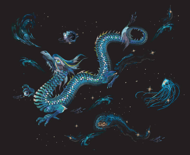 자 수 블루 드래곤와 밤하늘 오리엔탈 패턴입니다. - oriental dragon stock illustrations