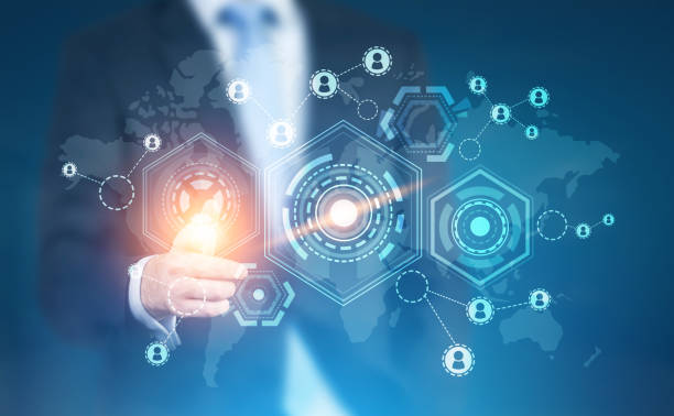 istock Glowing finger businessman, HUD network 884682120