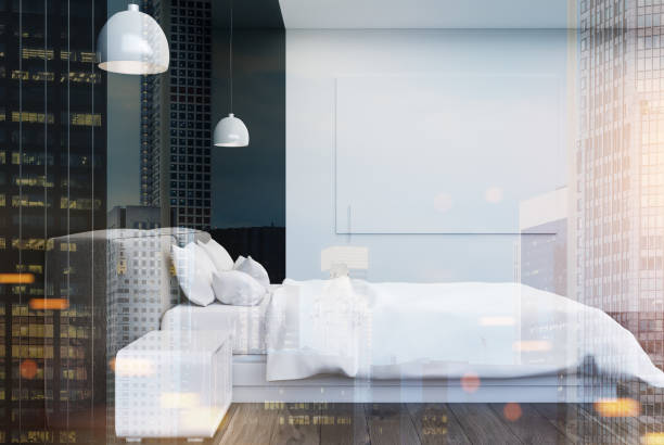 istock Black and white bedroom with a poster toned 884688990