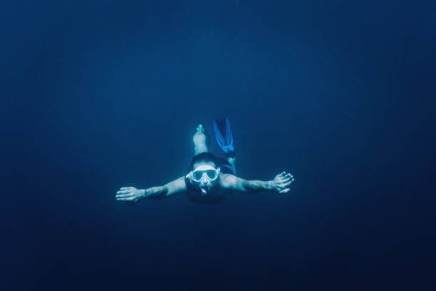 istock Free diver swimming underwater. 884693240
