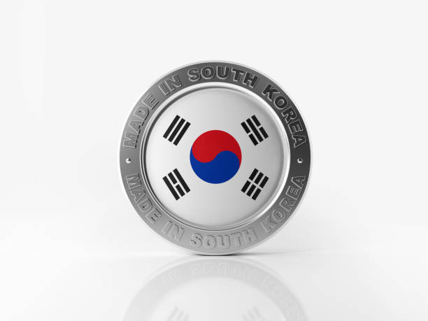 feito na coreia do sul distintivo no fundo branco - made in korea - fotografias e filmes do acervo
