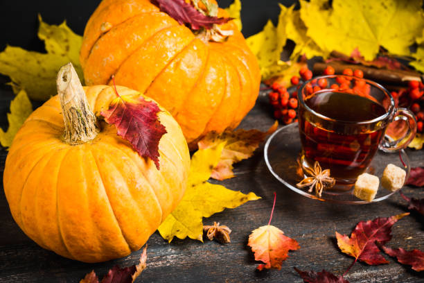 istock Cup of tea on the rustic background with autumn decoration 884722786