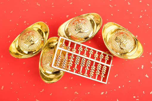 Chinese new year ornament--gold ingot and golden abacus,Chinese calligraphy Translation:good bless for new year