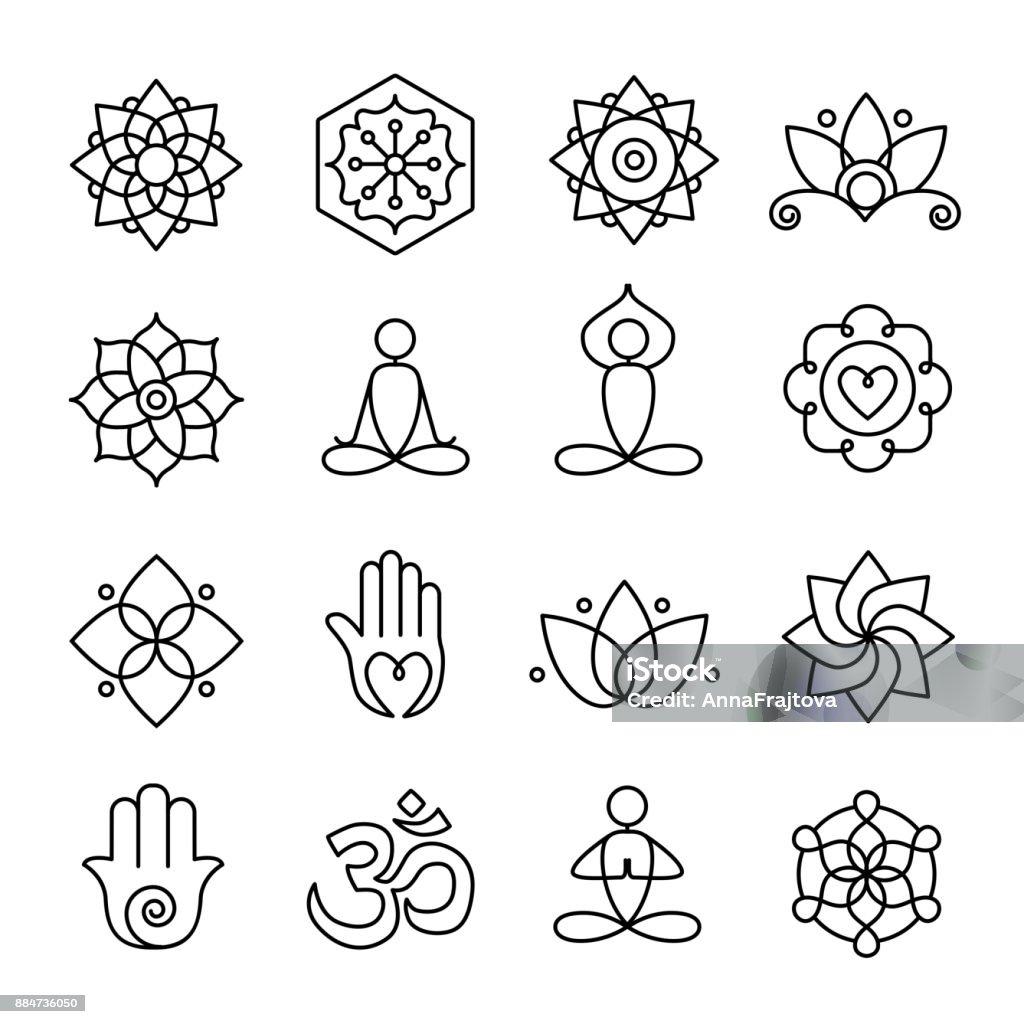 Yoga and Meditation Icons Collection of yoga icons, relaxation and meditation symbols Icon Symbol stock vector