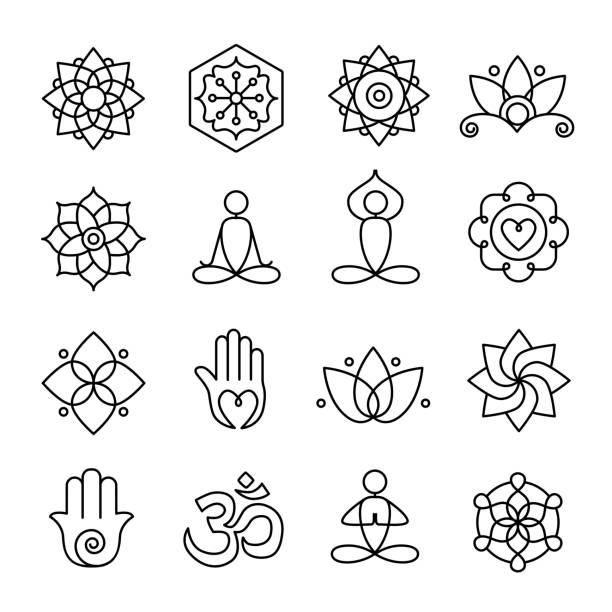 Yoga and Meditation Icons Collection of yoga icons, relaxation and meditation symbols mandala stock illustrations