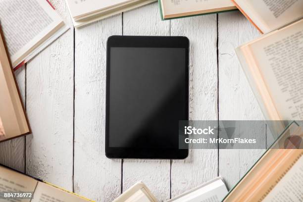 Ebook Reader With Books Stock Photo - Download Image Now - Book, E-Reader, Digital Tablet