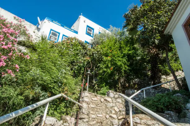 Photos of streets of Marmaris. Stone stairs to the top through the thickets of shrubs and greenery to the house with blue wooden shutters window-sill on the hill in Marmaris, Turkey