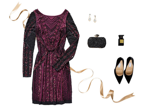 Sequin dress with personal accessories isolated on white background