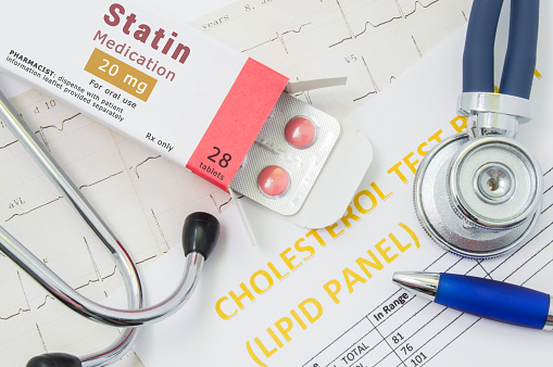 Effects and treatment of statins concept photo. Open packaging with drugs tablets, on which is written 