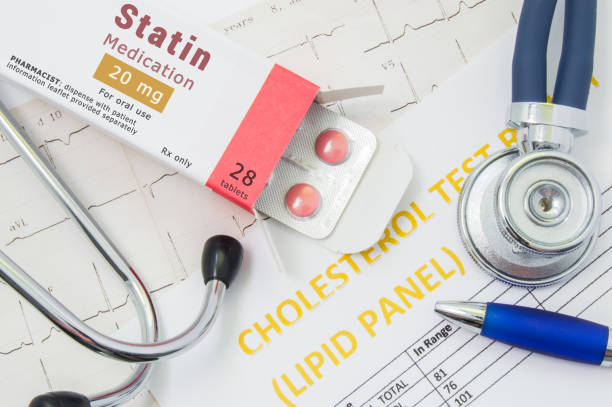 Effects and treatment of statins concept photo. Open packaging with drugs tablets, on which is written "Statin Medication", lies near stethoscope, result analysis on cholesterol (lipid panel) and ECG Effects and treatment of statins concept photo. Open packaging with drugs tablets, on which is written "Statin Medication", lies near stethoscope, result analysis on cholesterol (lipid panel) and ECG military attack photos stock pictures, royalty-free photos & images