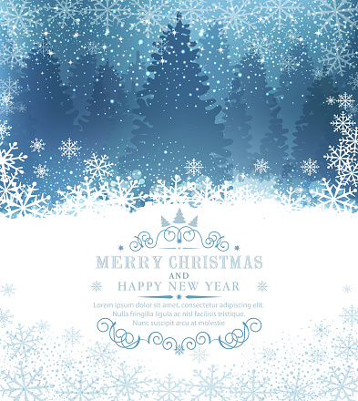 Vector illustration for Merry Christmas and Happy New Year . Greeting card with snow and snowflakes against a background of snow-covered forest and spruce . Template for elegant design of postcard, flyer, congratulatory brochure