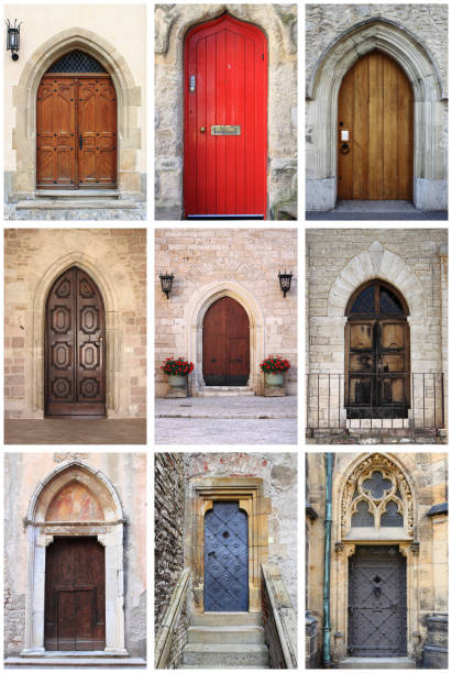 istock Collage of medieval front doors with lancet arch 884801052