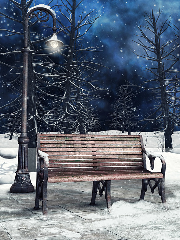 Winter park with a bench, lantern and tall trees. 3D render.