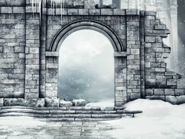 Ruined castle gate with snow and icicles in a winter forest. 3D render.