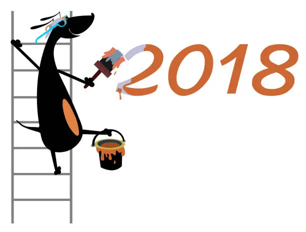 Vector illustration of Cartoon dog refreshes New Year inscription isolated