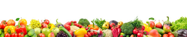 wide collage of fresh fruits and vegetables for layout - vegetables imagens e fotografias de stock