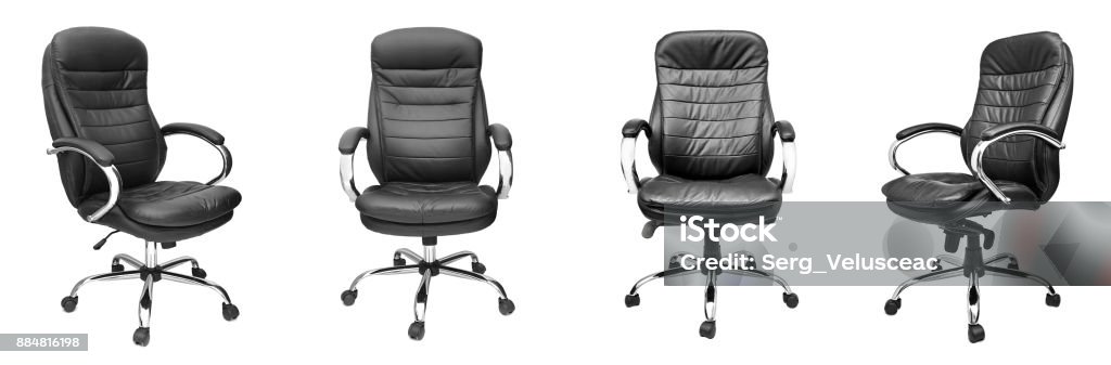 Assorted set of black leather office chairs Assorted set of black leather office chairs isolated on white background. Chair Stock Photo