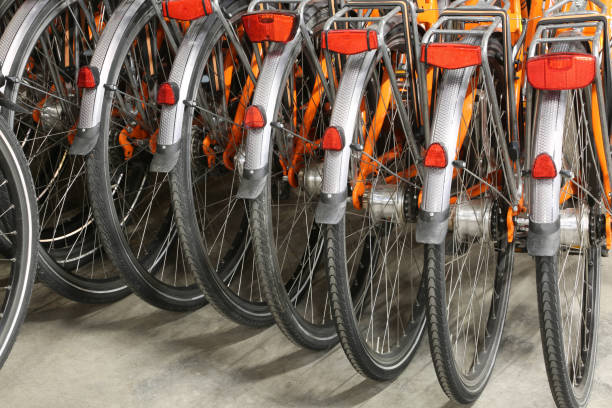 istock bikes used during bike sharing to visit the city without parking problems and ecologically 884819196