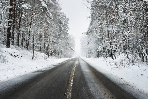 istock Straight asphalt road in a forest during snowfall in Latvia 884833292