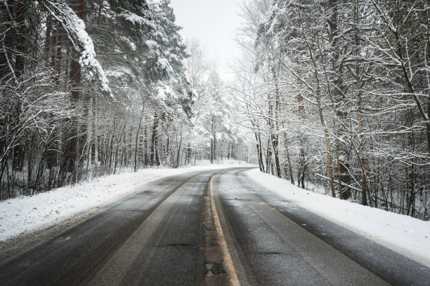 istock Curved asphalt road in a forest covered with snow in Latvia 884833322