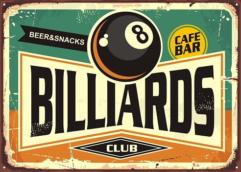 Retro billiards sign design with black eight ball on green background. Billiard club poster design.  Snooker promotional ad.