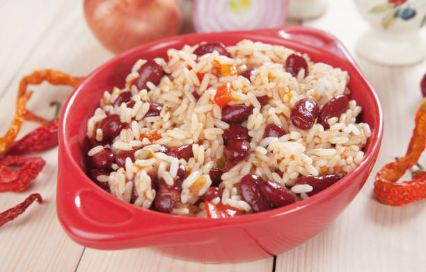 Cooked rice and beans stock photo