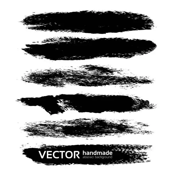 Vector illustration of Abstract textured big long thick strokes and prints black paint isolated on a white background