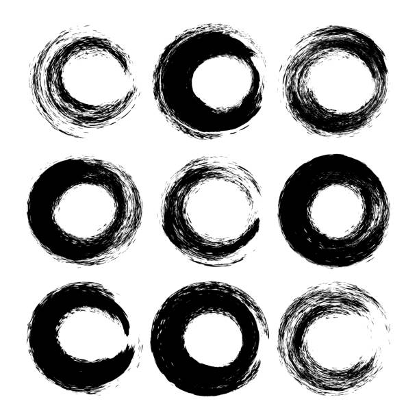Abstract textured round strokes and prints thick black gouache paint isolated on a white background Abstract textured round strokes and prints thick black gouache paint isolated on a white background dog splashing stock illustrations