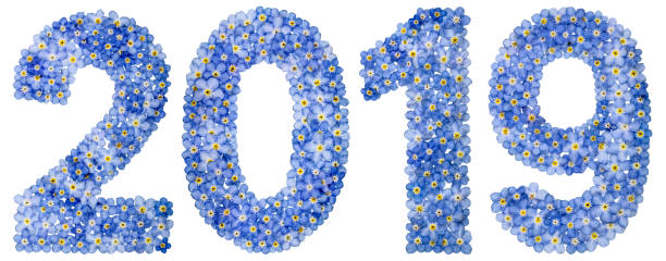 istock Numeral 2019 from blue forget-me-not flowers, isolated on white background 884845172