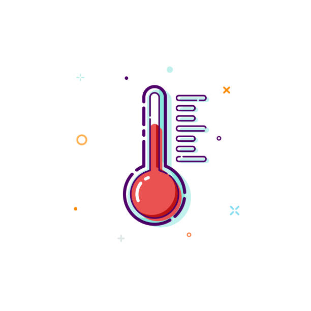 ilustrações, clipart, desenhos animados e ícones de ícone de termômetro do conceito. elemento de design plano de linha fina. conceito de medida e medição. ilustração vetorial, isolada no fundo branco - thermometer healthcare and medicine backgrounds isolated