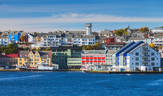 Kristiansand cityscape, coastal Norwegian town with colorful wooden houses