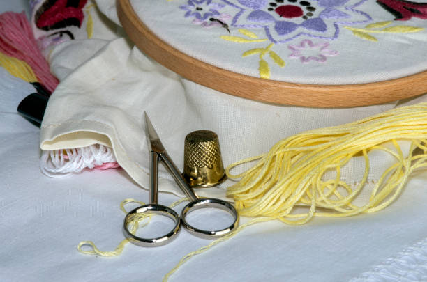 Creativity and concentration. An craftsman working on artistic handmade Chinese embroidery.