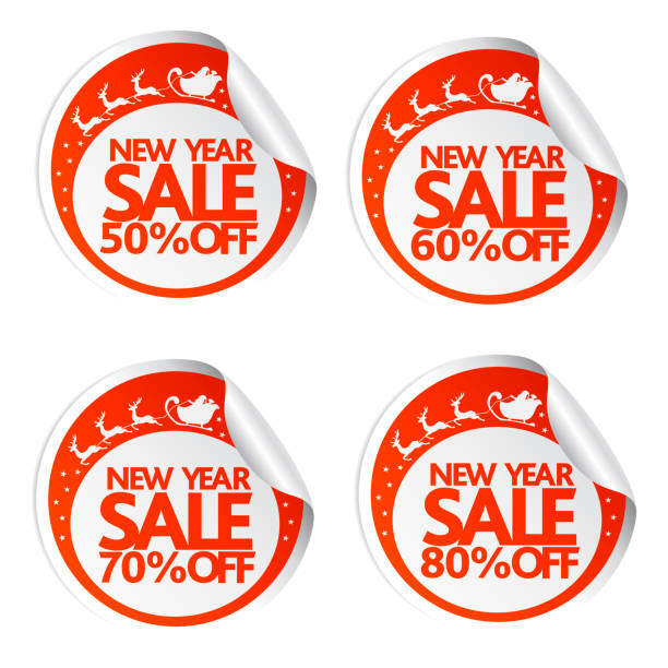 ilustrações de stock, clip art, desenhos animados e ícones de new year sale stickers 50,60,70,80 with santa ,deer and sleigh - 60 70 year old