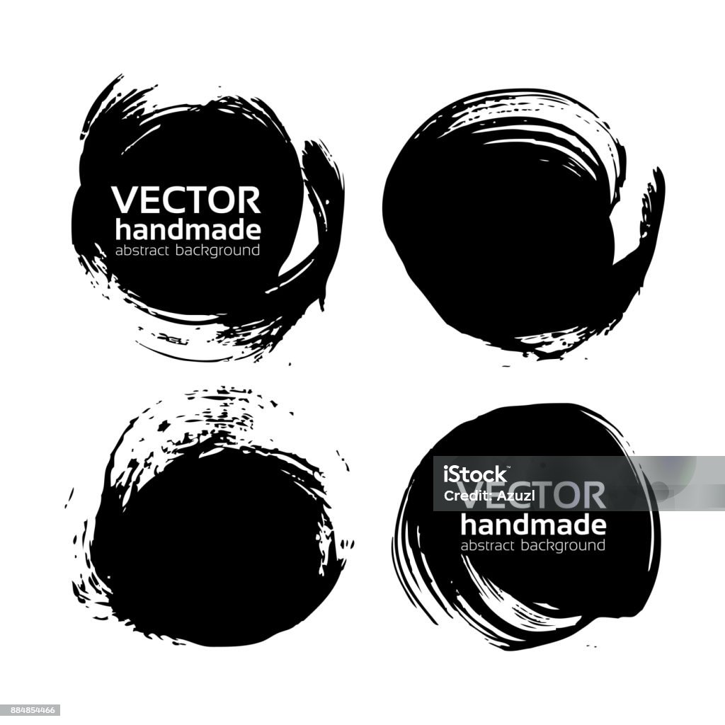 Round black textured abstract backgrounds painted by brush vector objects isolated on a white background Circle stock vector