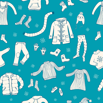 Seamless pattern with winter clothes motive. Perfect for wrapping paper, scrapbooking, websites backgrounds. White graphics on blue background