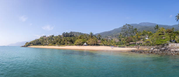 panoramic view of praia da feiticeira beach - ilhabela, sao paulo, brazil - wizards of the coast imagens e fotografias de stock