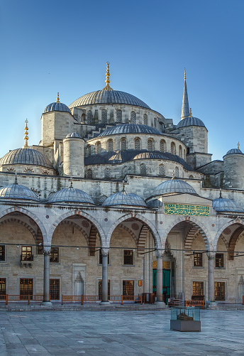 The Sultan Ahmed Mosque known as the Blue Mosque is an historic mosque in Istanbul, Turkey. View from inner courtyard.