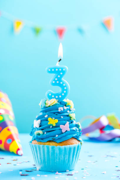 istock Third 3rd birthday cupcake with candle. Card mockup. 884874214