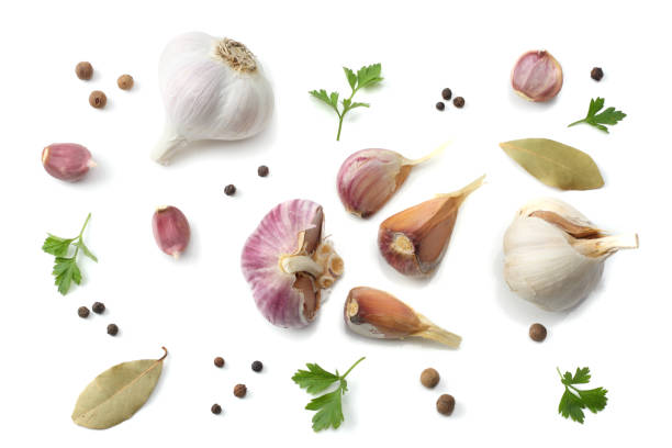 istock garlic and spices isolated on white background. top view 884874456