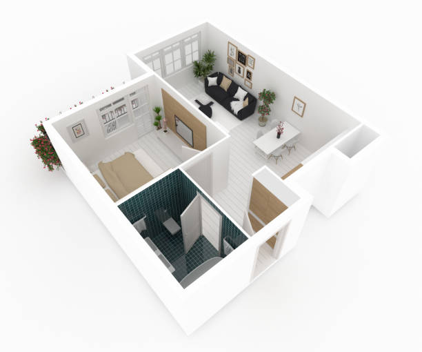 istock Furnished home apartment plan 3d illustration 884874848