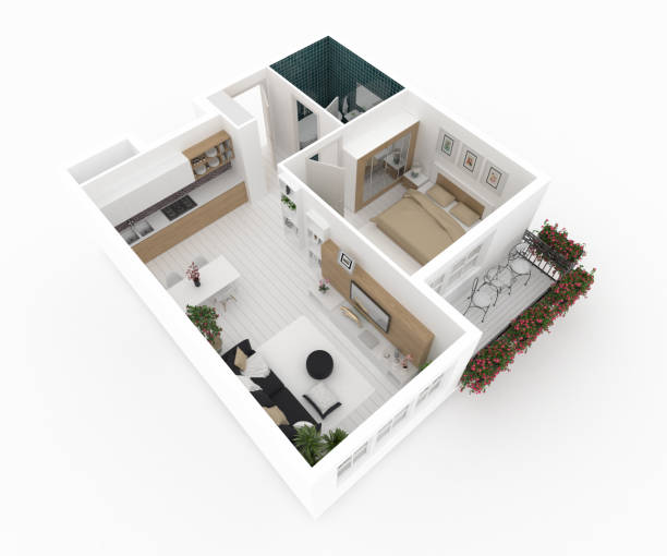 istock Furnished home apartment plan 3d illustration 884874880
