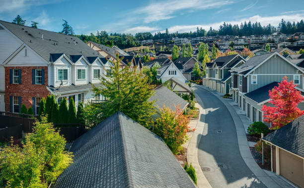 Elevated View of Residential Street Houses line a Curvy Road that cuts through Residential Neighborhoods in the Issaquah Highlands on an Autumn Morning washington state stock pictures, royalty-free photos & images