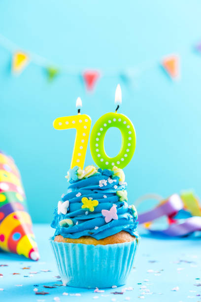 istock Seventieth 70th birthday cupcake with candle. Card mockup. 884875232